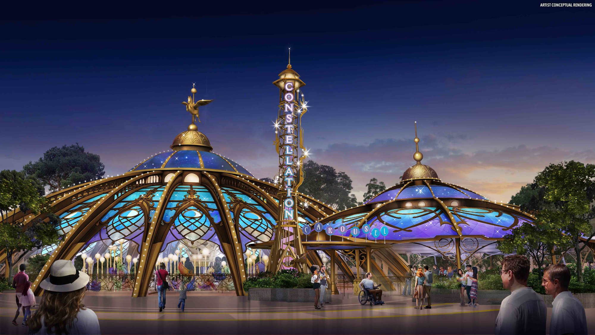 concept art of constellation carousel lit up with cool colors